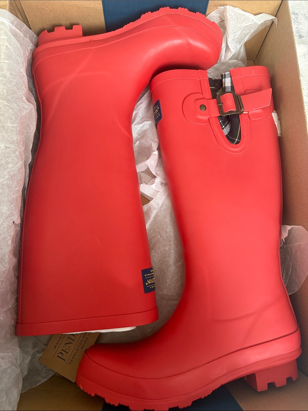 Pendleton Red Tall Women's Rain Boots with Buckle Accent